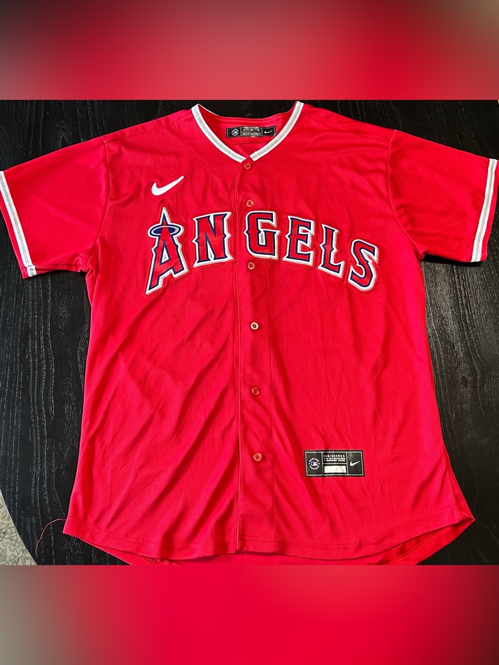 Nike Red Angels Baseball Jersey with White & Navy Accents